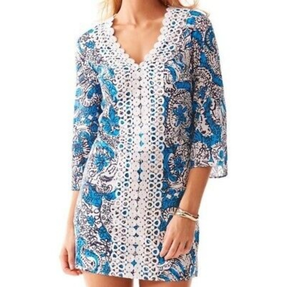 Lilly Pulitzer Brooke Ariel Blue Hippy Hippy Shake Lace Tunic Dress